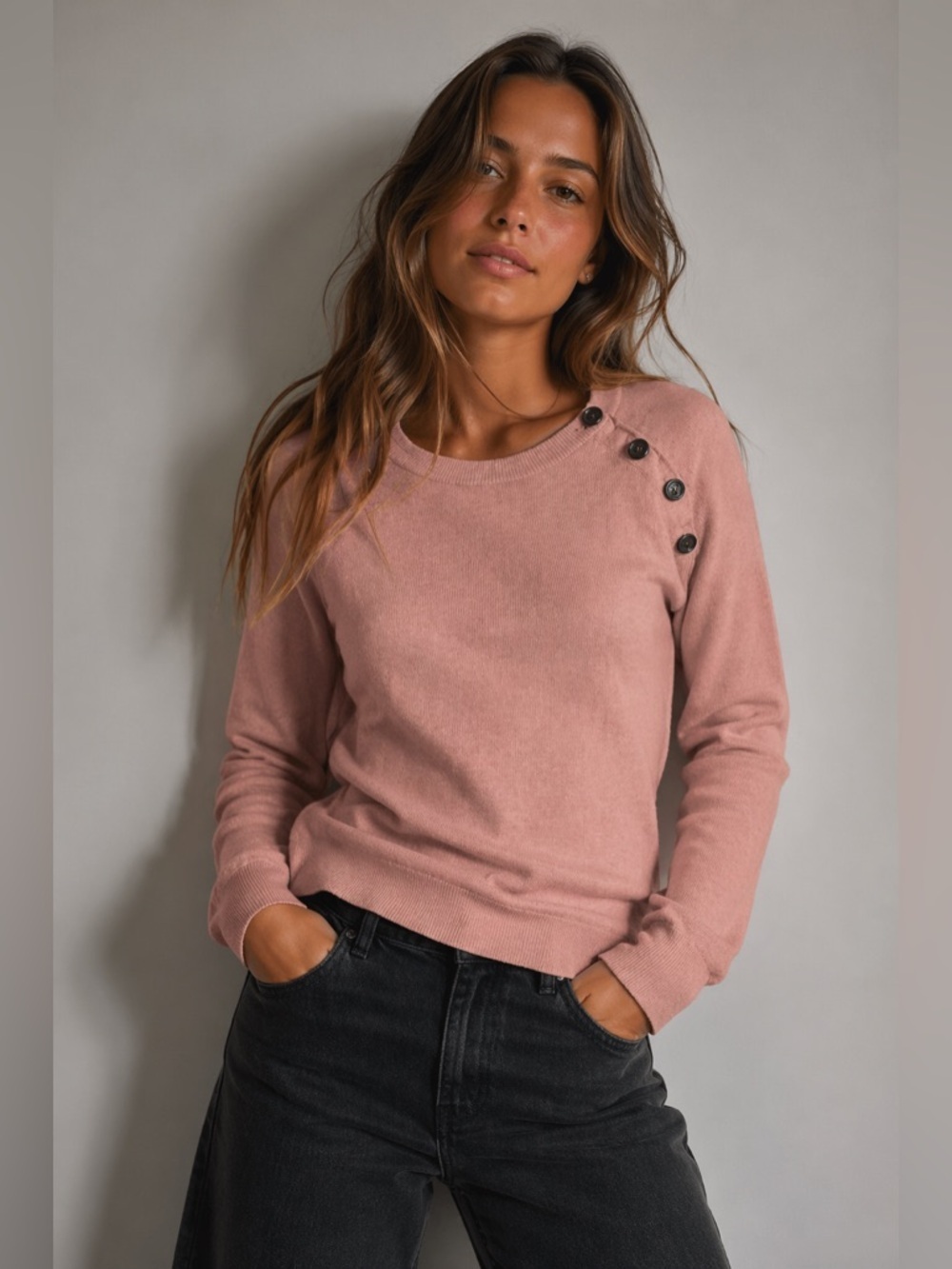 Abercrombie & Fitch Pink Cotton Sweater Womens S Button Shoulder Crewneck Soft